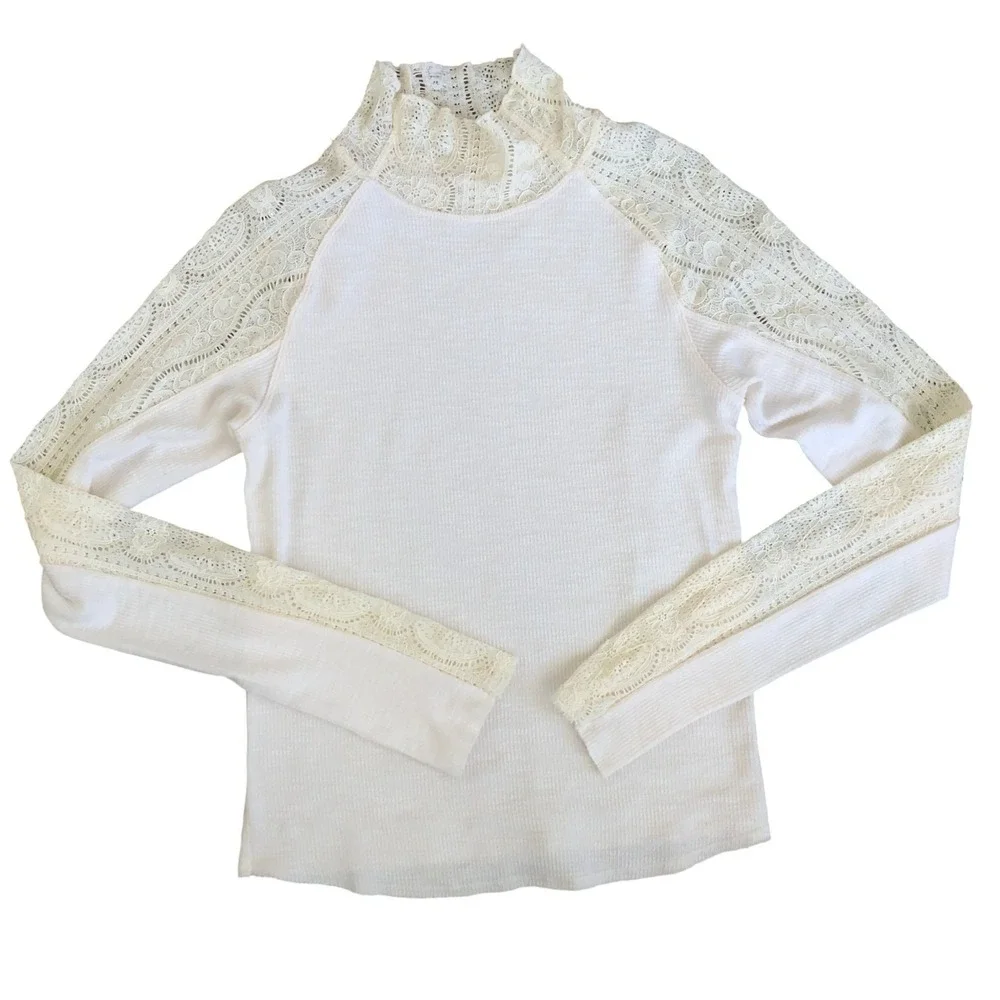 Free People Cream Feminine Fairy Hipster Lace Ribbed Mock Neck‎ Top Sz M